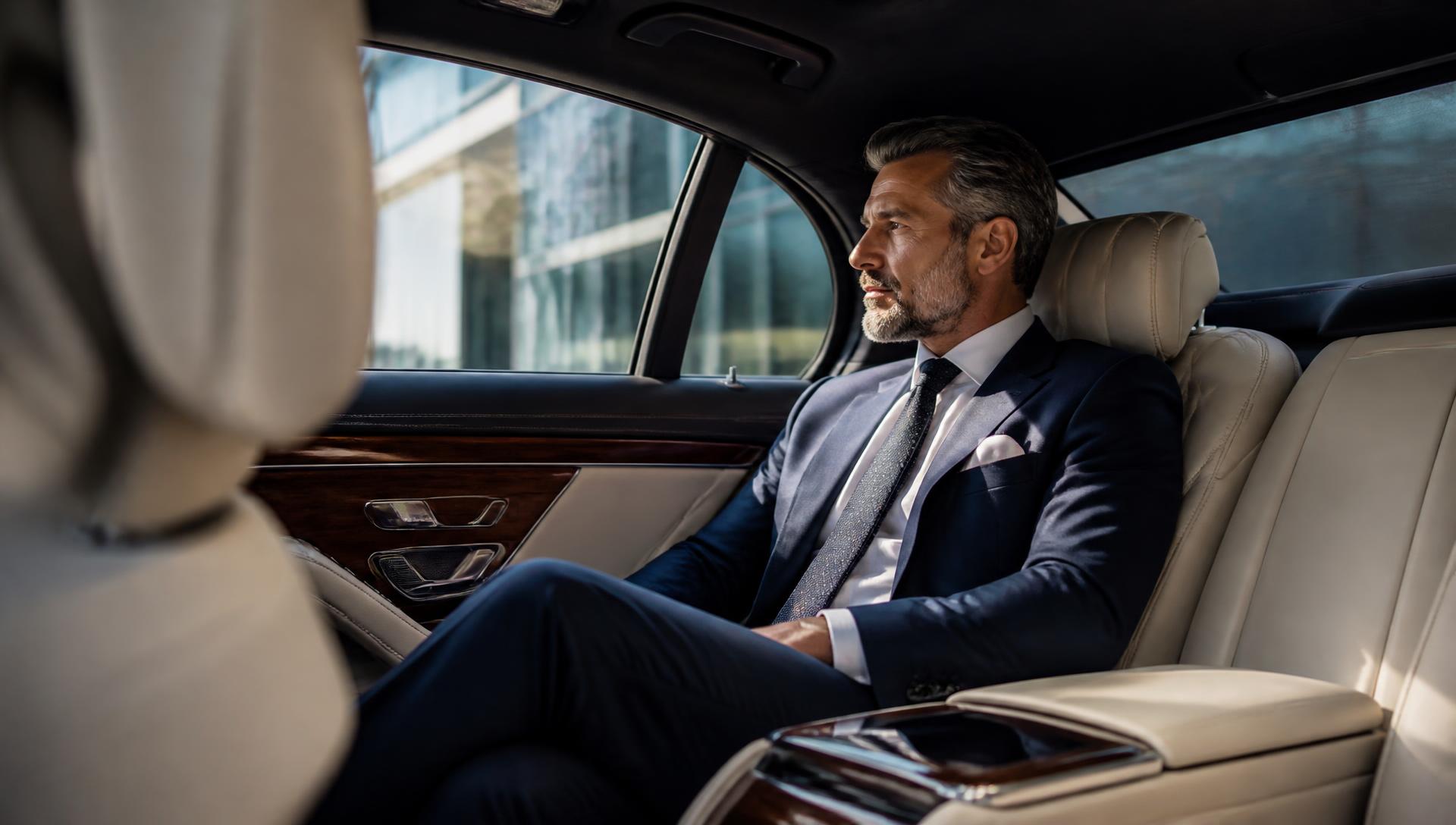 Executive passenger seated in the rear cabin of an ultra-luxury sedan
